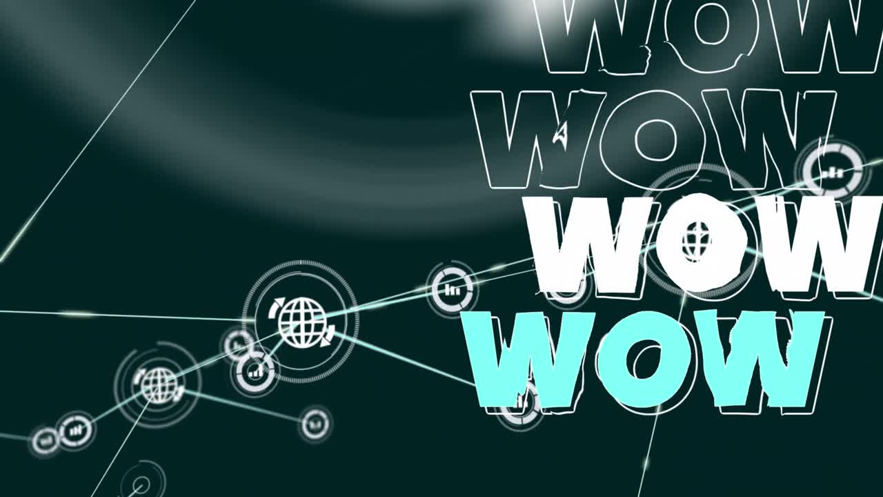 animación de una red de iconos digitales sobre un estandarte de texto wow contra un fondo verde