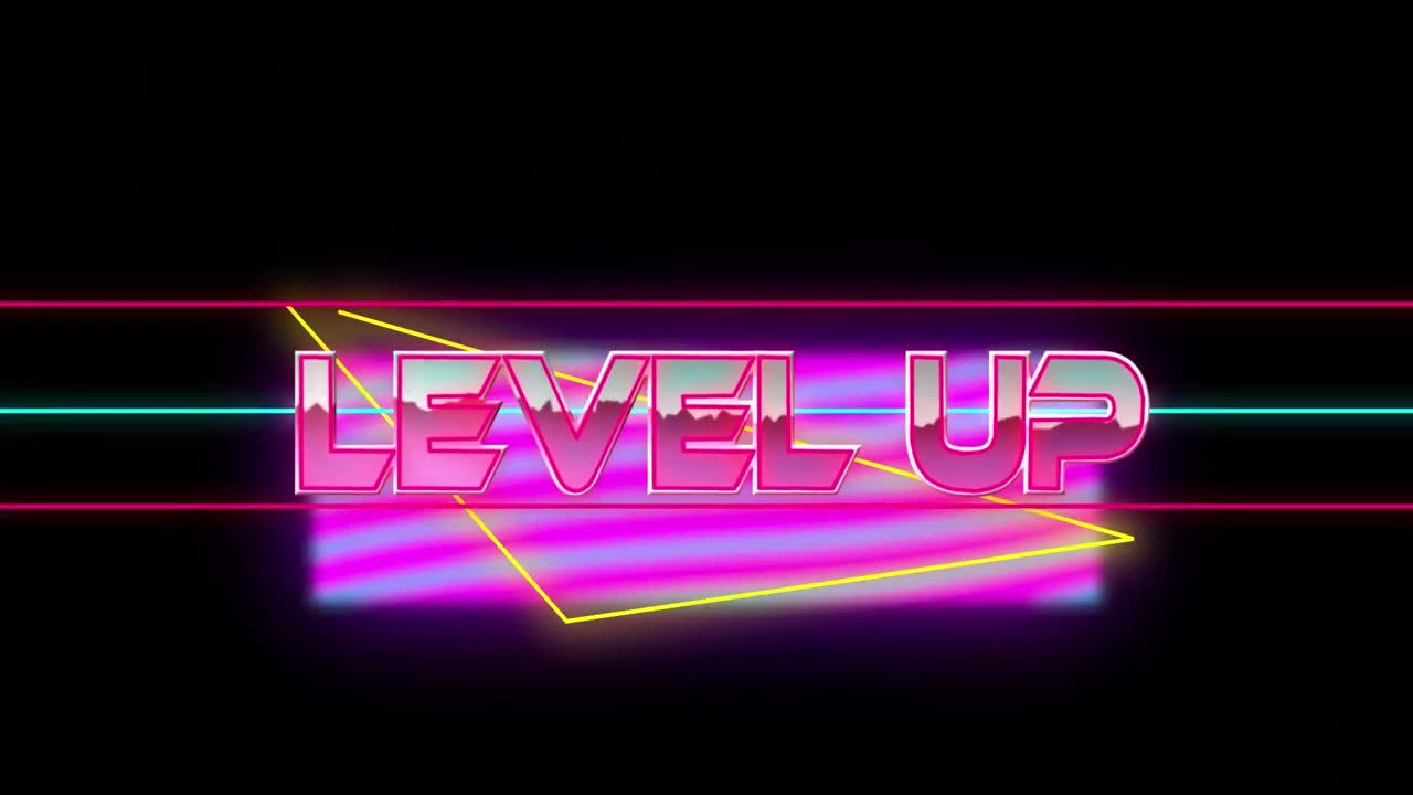 Animation of level up text over colorful geometrical shapes on black background