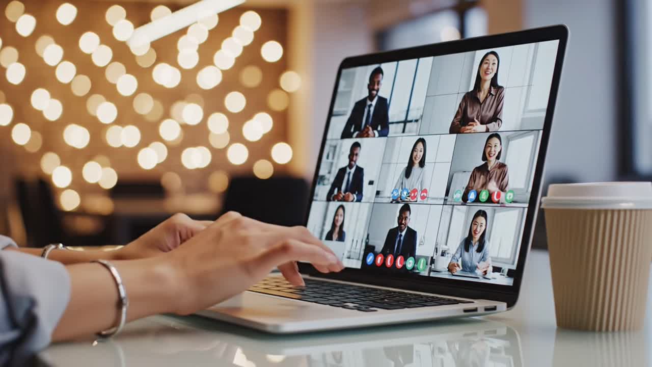 Person typing during online video conference meeting
