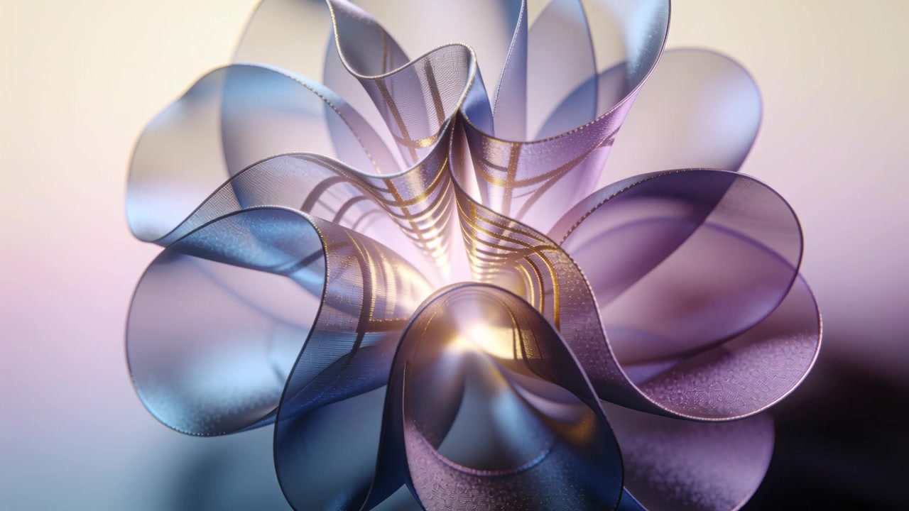 Rotating sheer ribbon form responding to pulsing golden core on soft gradient, revealing metal ribs