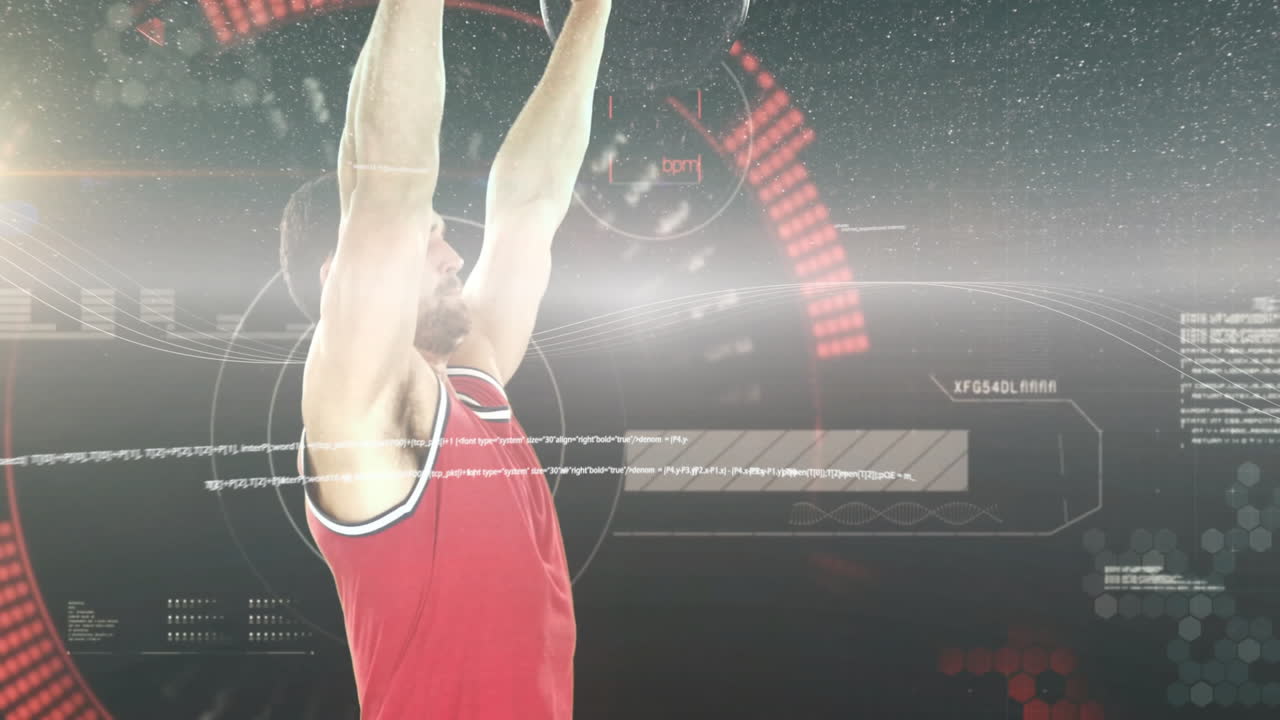 데이터 처리에 대한 무게 바를 들어 올리는 백인 남자의 애니메이션