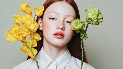 girl with yellow and green flowers
