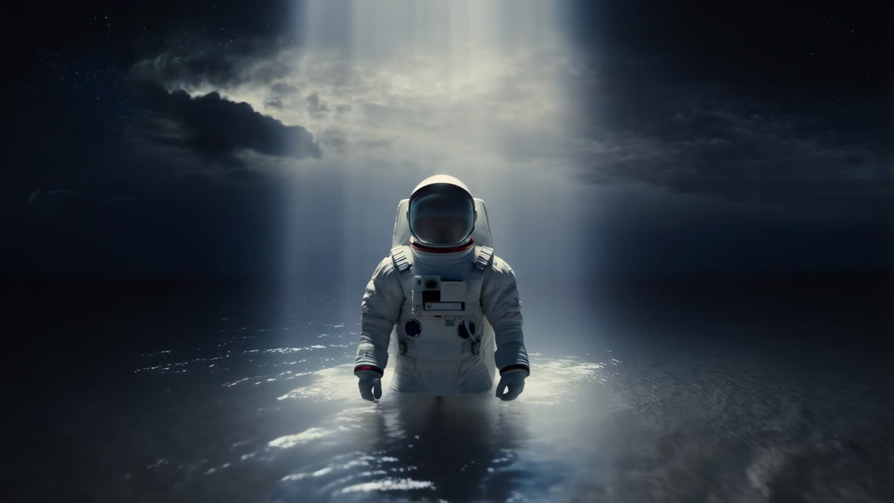 Astronaut Standing in a Powerful Light Beam on Water