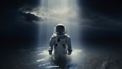 astronaut standing in a powerful light beam on water