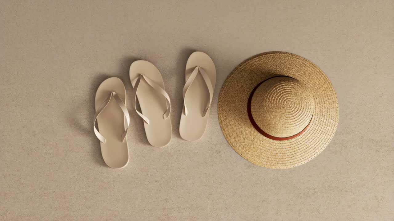 Flip-flops and hat on a beige surface