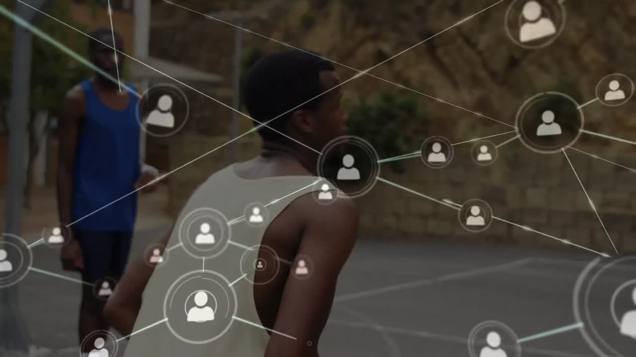 Animation of network of connections over basketball players outdoors
