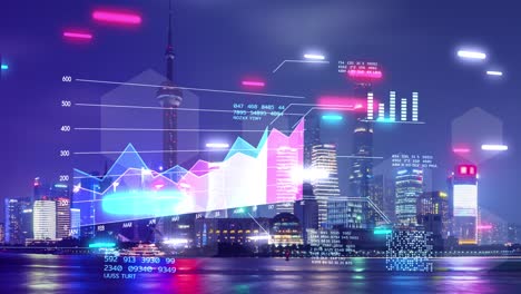 business district city building background and stock exchange market blockchain trading graph, digital money, crypto currency gdp data analytics graph chart, finance business investment data