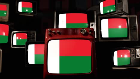 flag of madagascar and vintage televisions. 4k resolution.