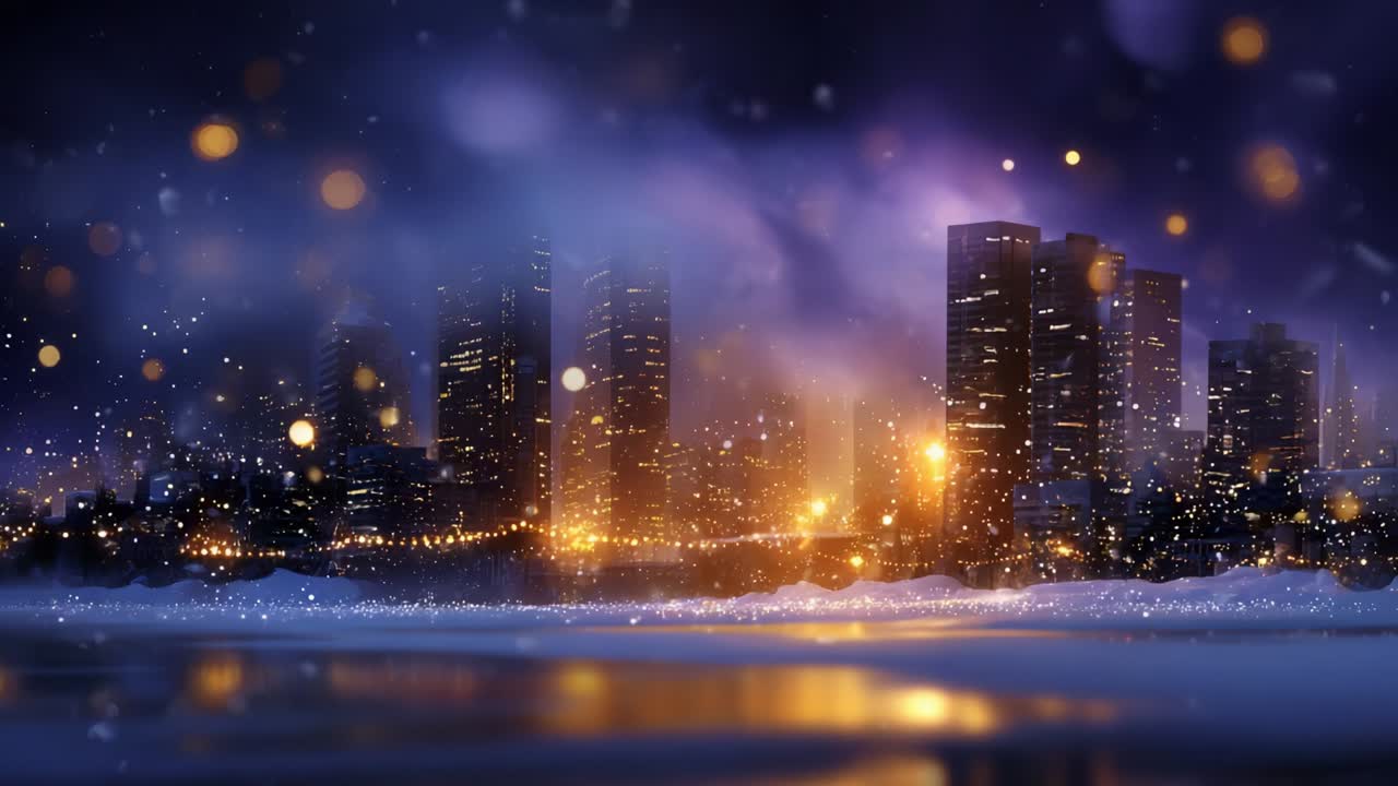 A Magical Winter Night Scene Featuring a Snowy Urban Landscape with Twinkling Lights Reflecting on Peaceful Waters, Creating a Dreamlike Atmosphere Perfect for Holiday Inspirations and Winter Reflections