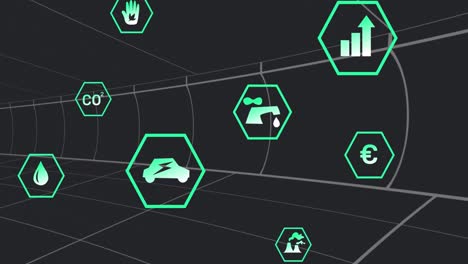animación de múltiples iconos digitales sobre el túnel en un patrón sin fisuras contra un fondo negro