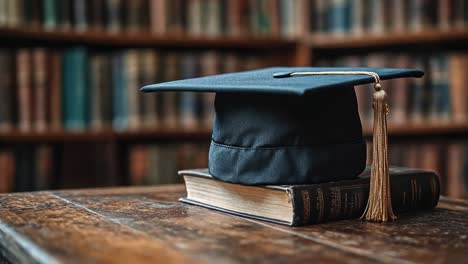 graduation cap on book in library