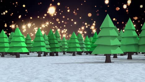 Mehrere-Bäume-In-Einer-Winterlandschaft-Vor-Goldenen-Lichtflecken,-Die-Auf-Schwarzem-Hintergrund-Schweben