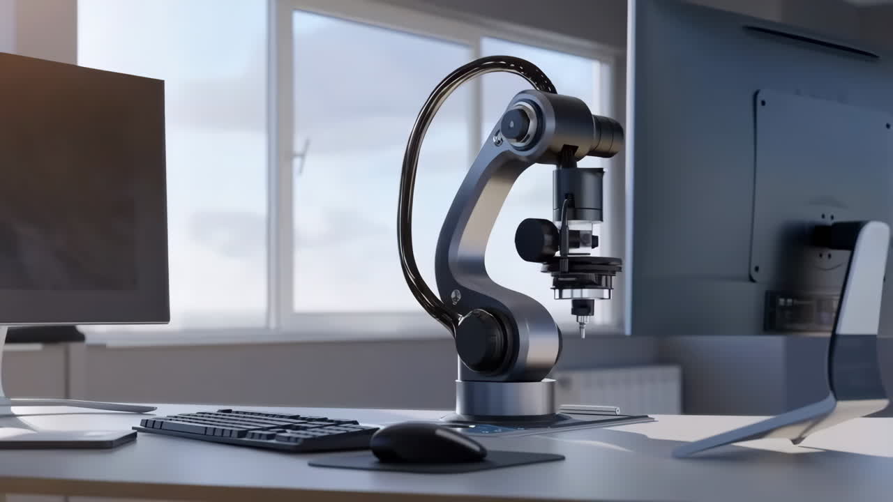Robotic microscope on a modern lab desk with computer equipment