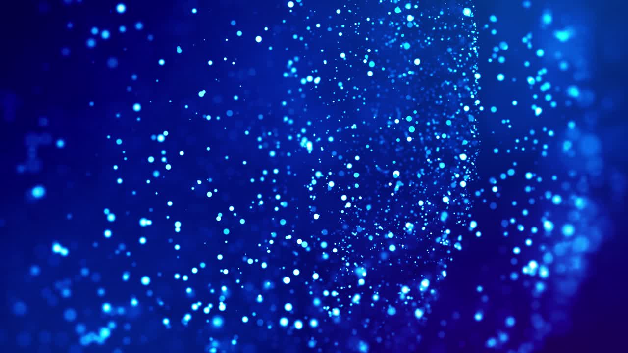 파란색 빛나는 입자가 적적한 액체 속으로 흐르고 밝게 반인다 - 공상과학 소설 - 4k 3d sf 배경, 반이는 입자, 현장 깊이 및 보케 - 알파 채널로 루마 매트