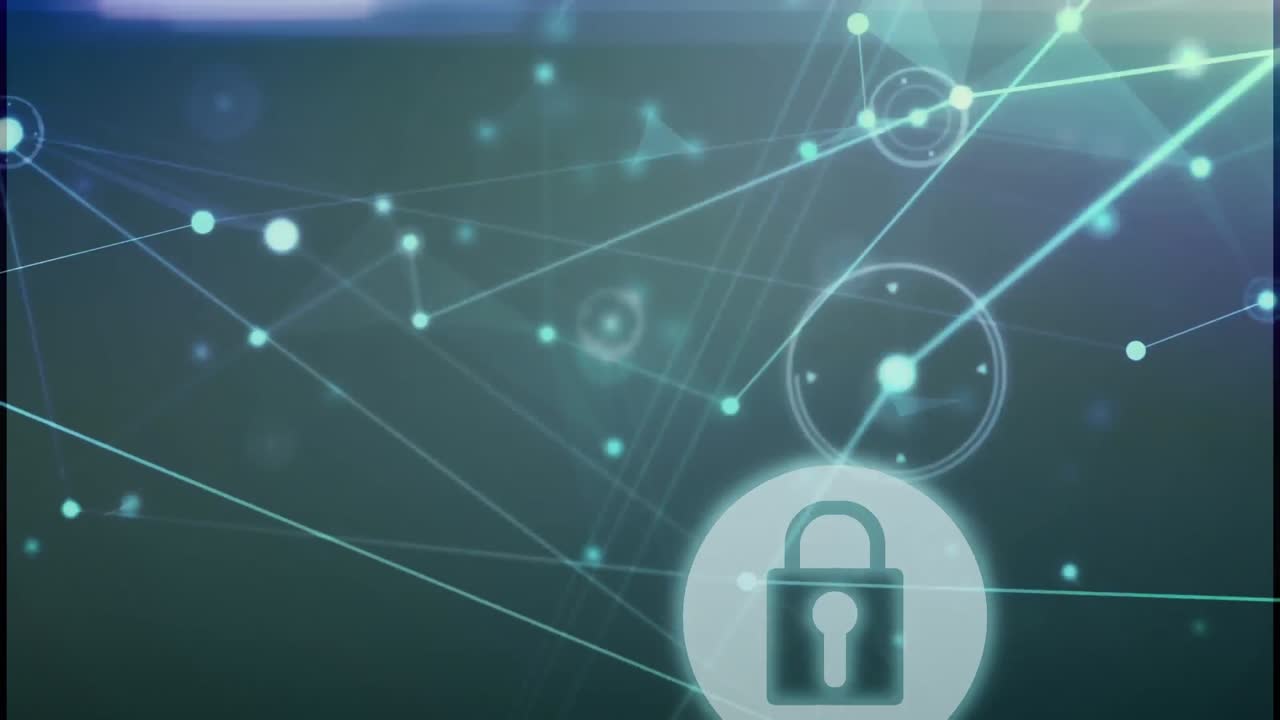 Animation of network of connections over security padlock icon and light trails on blue background