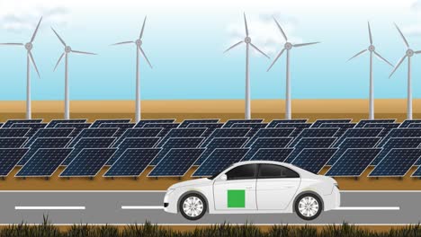 electric car in a renewable energy landscape: solar panels and wind turbines