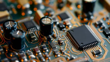 Revealing intricate details of electronic circuit board, dynamically changing focus across capacitors, integrated circuits, and resistors, highlighting technological precision