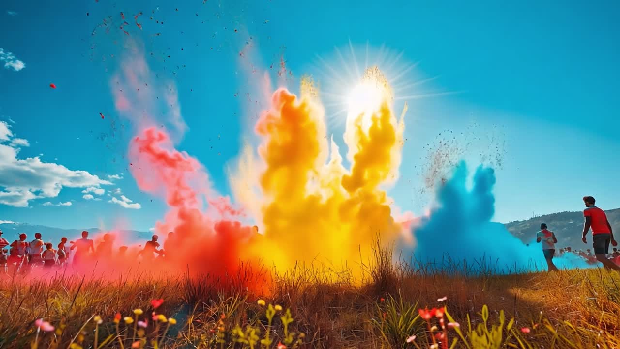People Celebrating with Colorful Powder Explosions at an Outdoor Festival