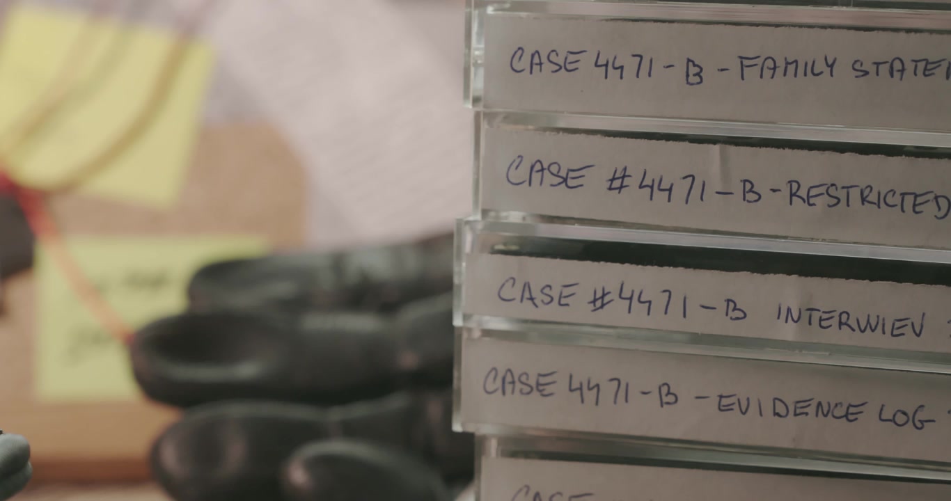 Macro pan reveals a stack of retro cassette tapes on a detective crime desk, representing archived recordings and cold case evidence.