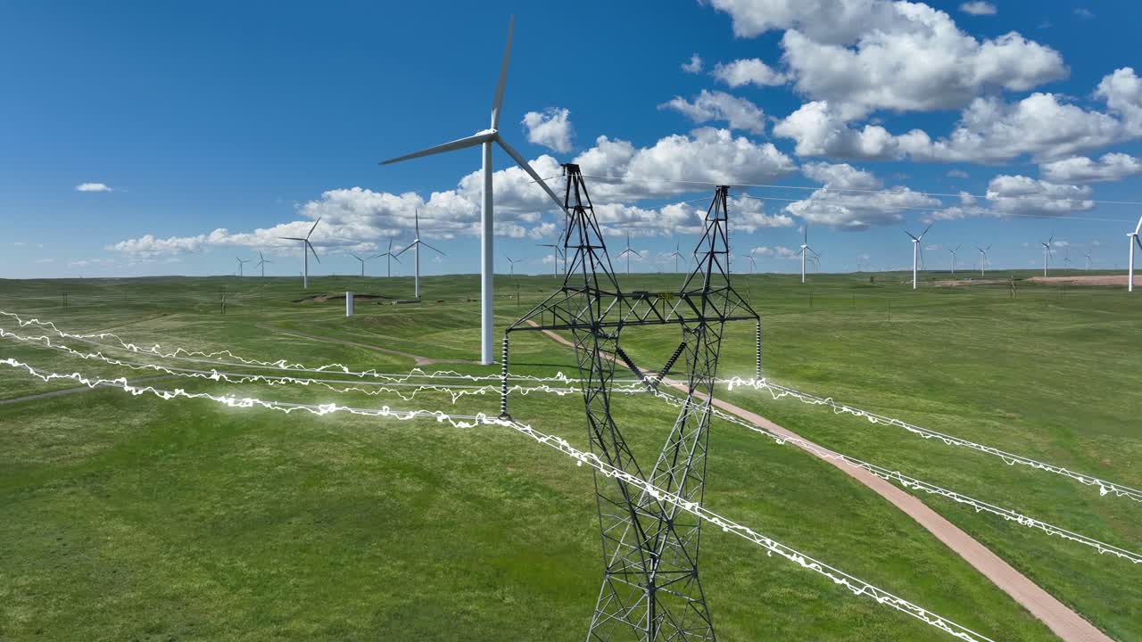 electricity flowing through power lines at wind farm in rural usa ...