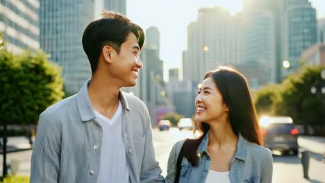 happy couple smiling and walking together in the city