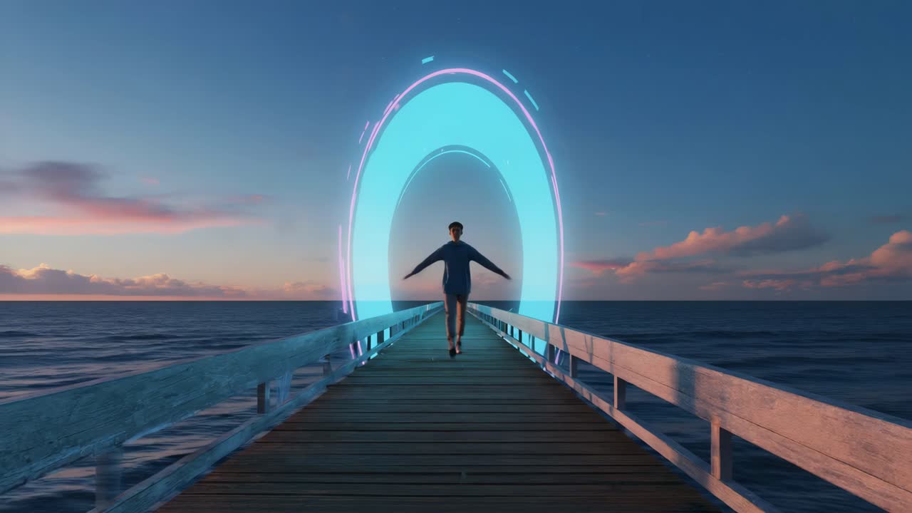 A person walking on a pier towards a portal at sunset