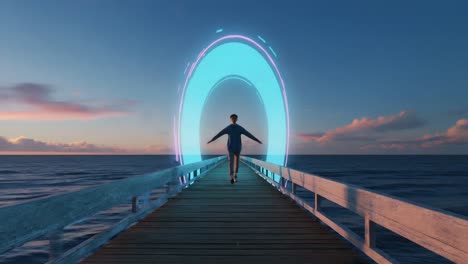 a person walking on a pier towards a portal at sunset