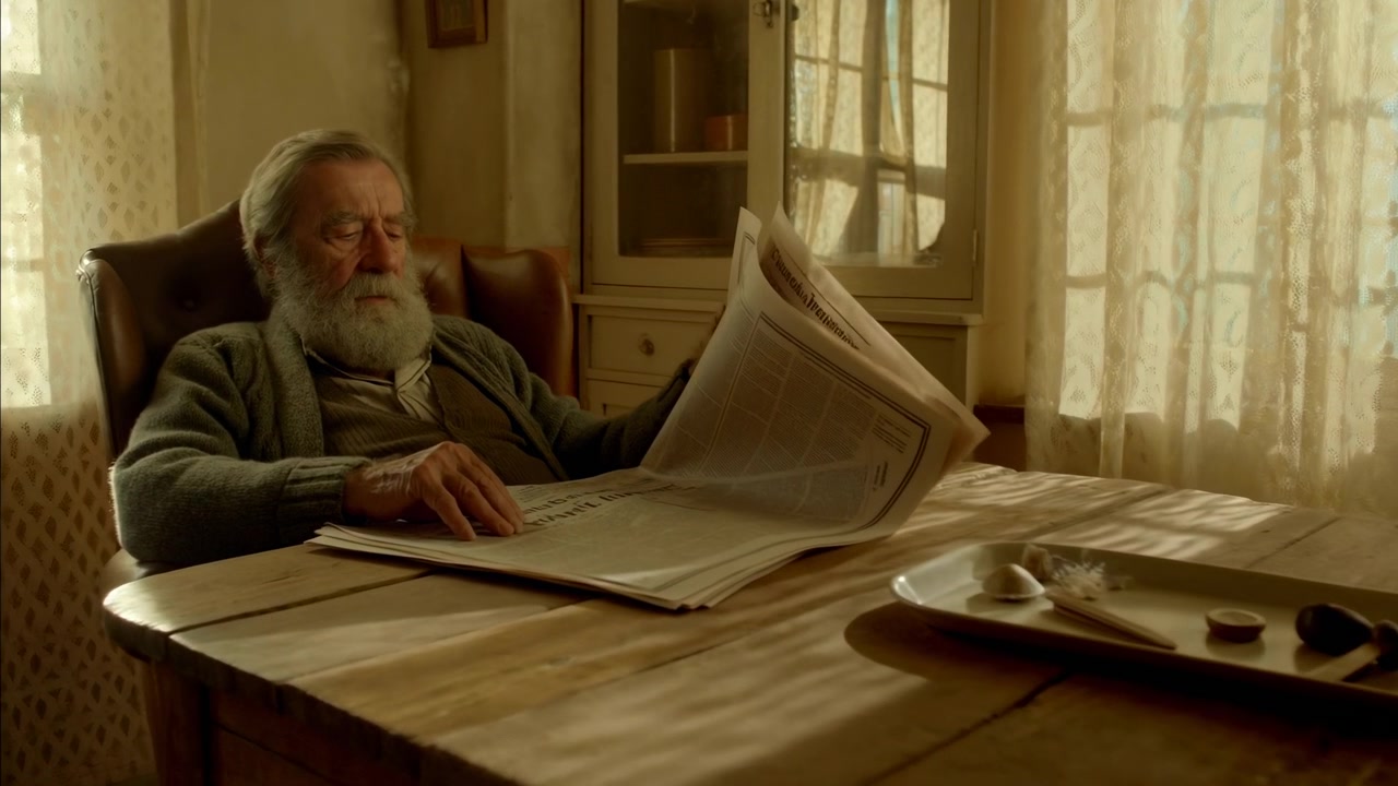 Um homem idoso barbudo senta-se em uma poltrona de couro ao lado de uma mesa de madeira e lê um jornal aberto em um interior de casa aconchegante. A luz do dia dourada e suave filtra-se através de cortinas de renda e janelas, criando uma atmosfera doméstica tranquila
