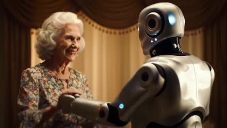 a heartwarming dance between generations: an endearing interaction between a senior woman and her companion robot, highlighting the bond of friendship and technology in today’s world