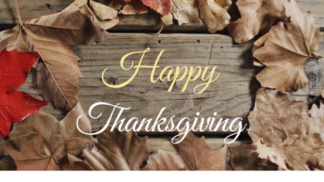 animation of happy thanksgiving text over autumn leaves on wooden boards