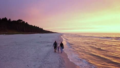 parents walking with a small child on a beach at sunset. happy family enjoying a walk on a beach. sunset beach walk drone footage.