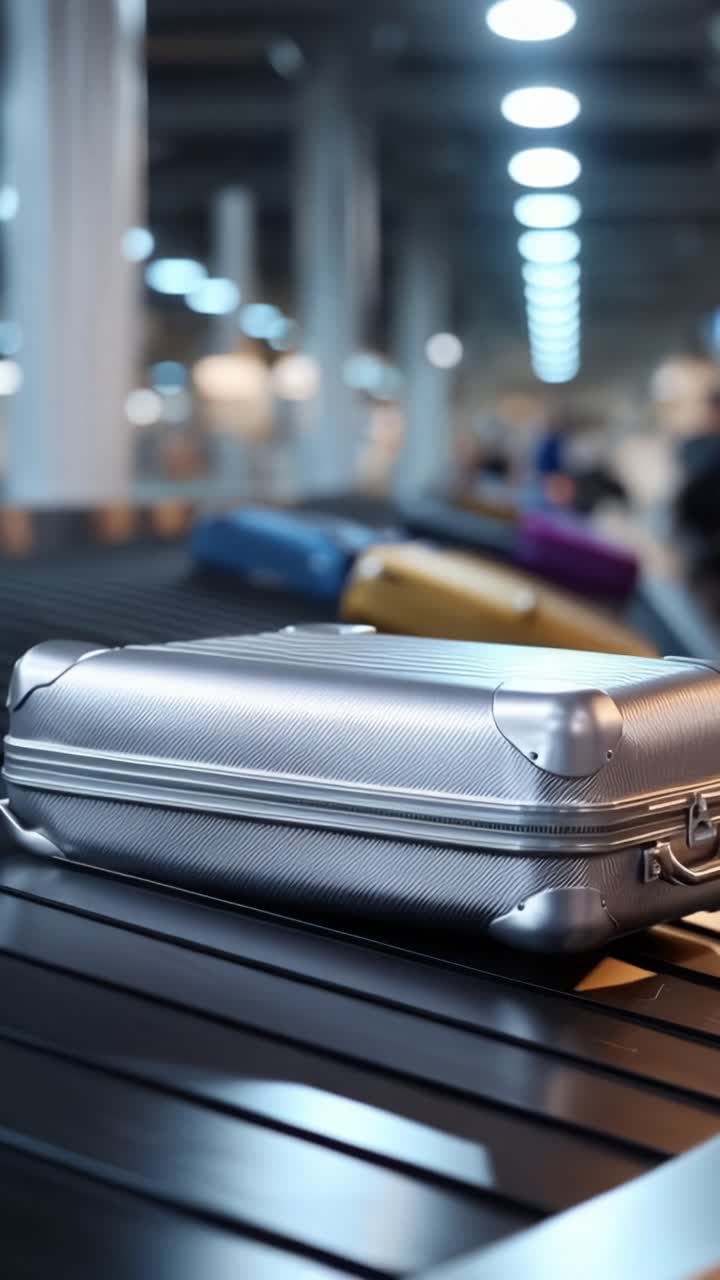 Una vista ravvicinata di una valigia lucida su un nastro trasportatore bagagli, che evidenzia il design moderno e la texture, circondata da altri bagagli in un terminal aeroportuale.