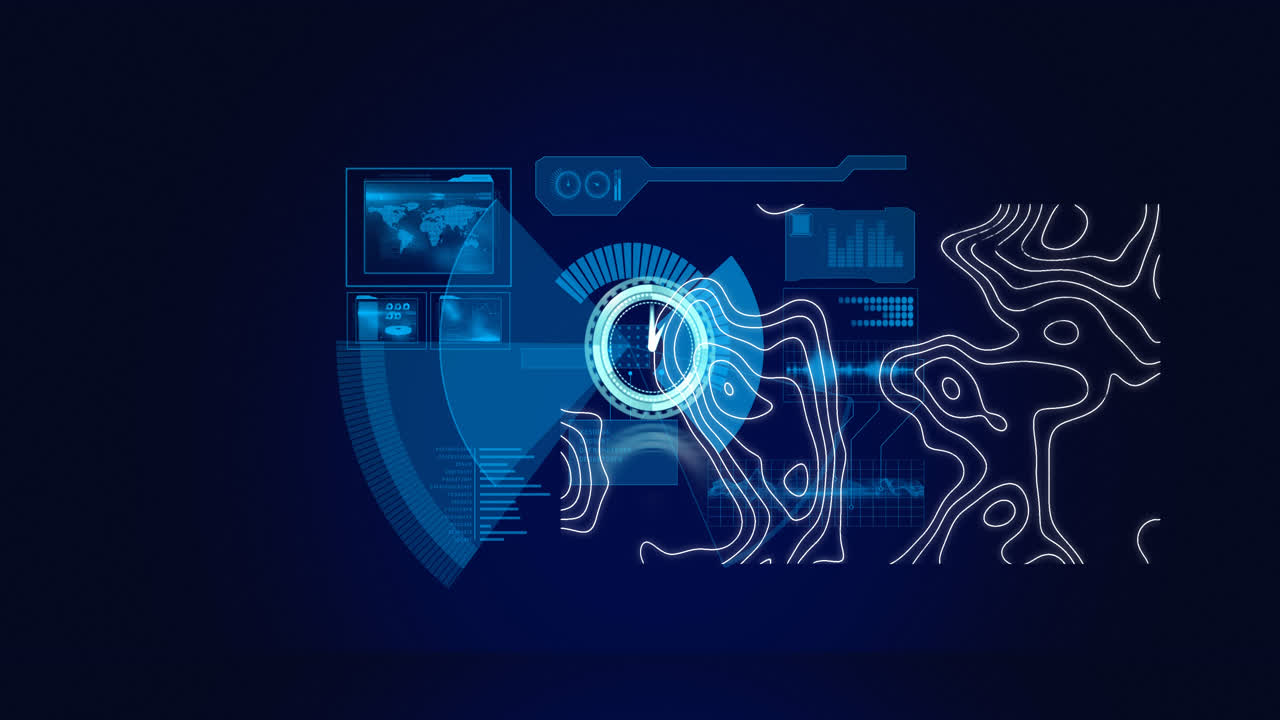 animación de la interfaz digital con reloj sobre fondo oscuro