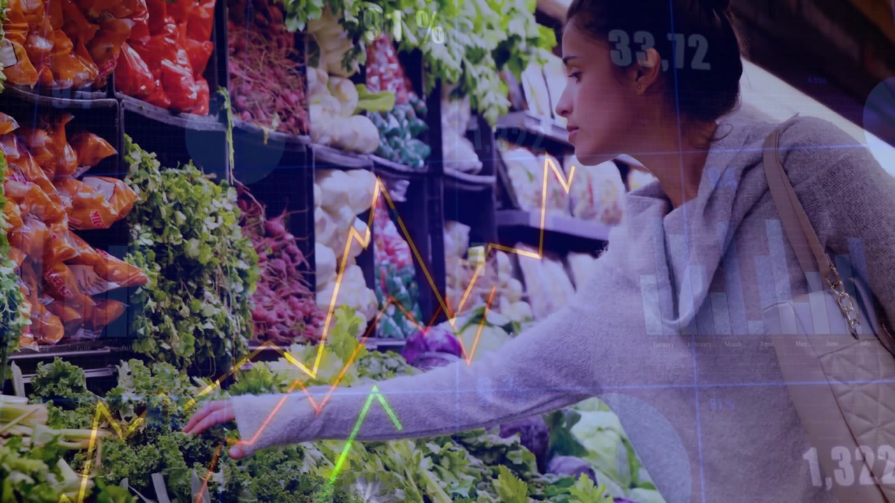 Woman reaching toward leafy greens in retail market, displaying floating data charts and numbers