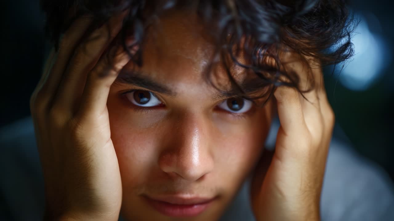 A contemplative young man with curly hair expressing intense emotions by holding his head, reflecting on life's challenges and experiences in a close-up shot