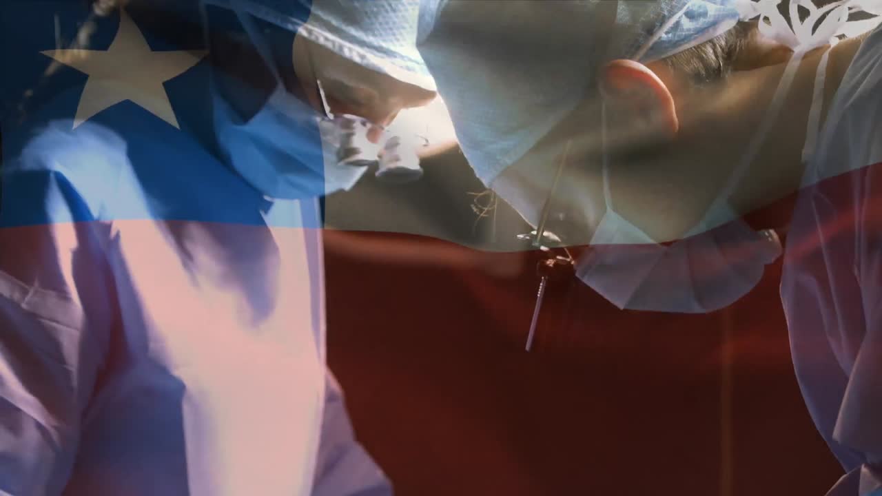 Animation of flag of chile waving over surgeons in operating theatre