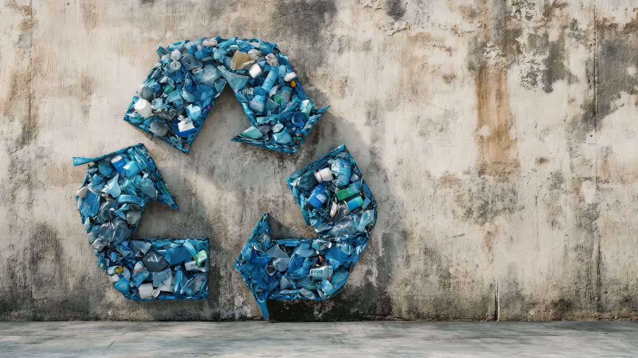 Recycling Symbol Made of Recycled Plastic on a Wall