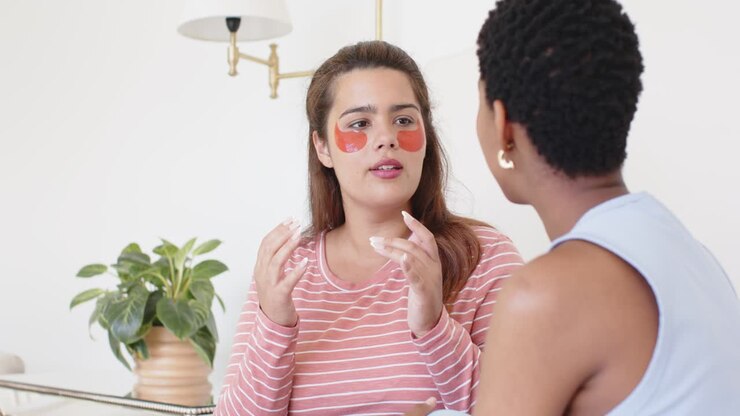 Diverse women pals on couch chatting about skincare, speaker showing red eye patches pal pointing