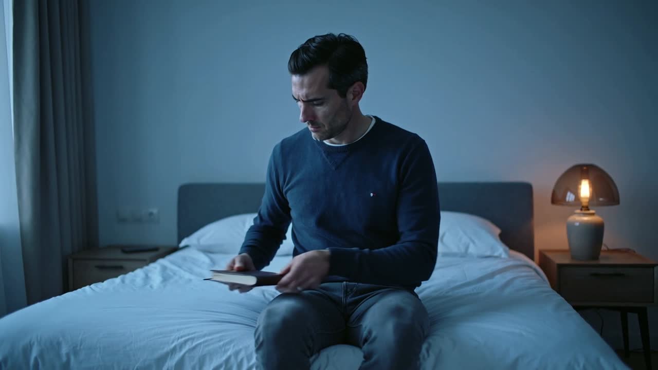 Uomo con maglione blu scuro che chiude un libro rilegato, lo posa ai piedi del letto, si gira verso la finestra, contemplando.