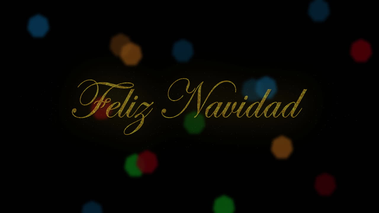 animación de feliz navidad y llamaradas de lentes multicolores sobre fondo negro