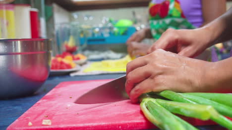 Primer-Plano-De-Las-Manos-De-Una-Mujer-Y-Un-Cuchillo-Cortando-Frutas-Y-Verduras-De-Colores-En-Punta-Banco,-Costa-Rica