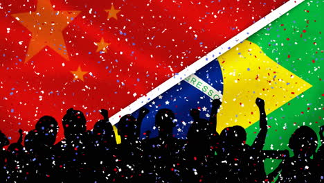 animación de aficionados a los deportes con siluetas celebrando y confeti cayendo sobre las banderas de brasil y china
