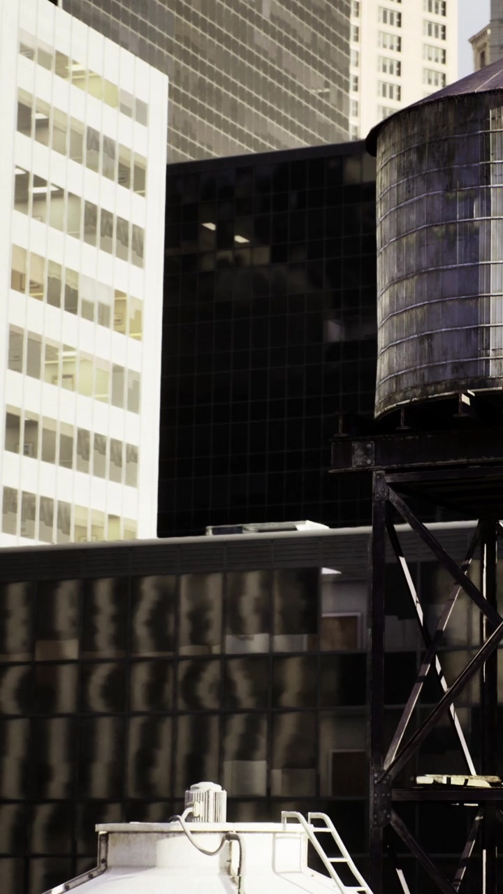 Edificios de la ciudad con una torre de agua durante el día en un entorno urbano