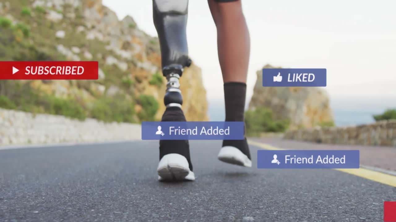 도로에서 달리는 아프리카계 미국인 운동 선수의 낮은 부분에 대한 알림 바의 애니메이션