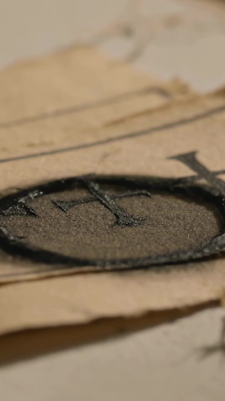 Vertical video: Bubbling spot appearing on brown tag on table, causing oval char over black crosses