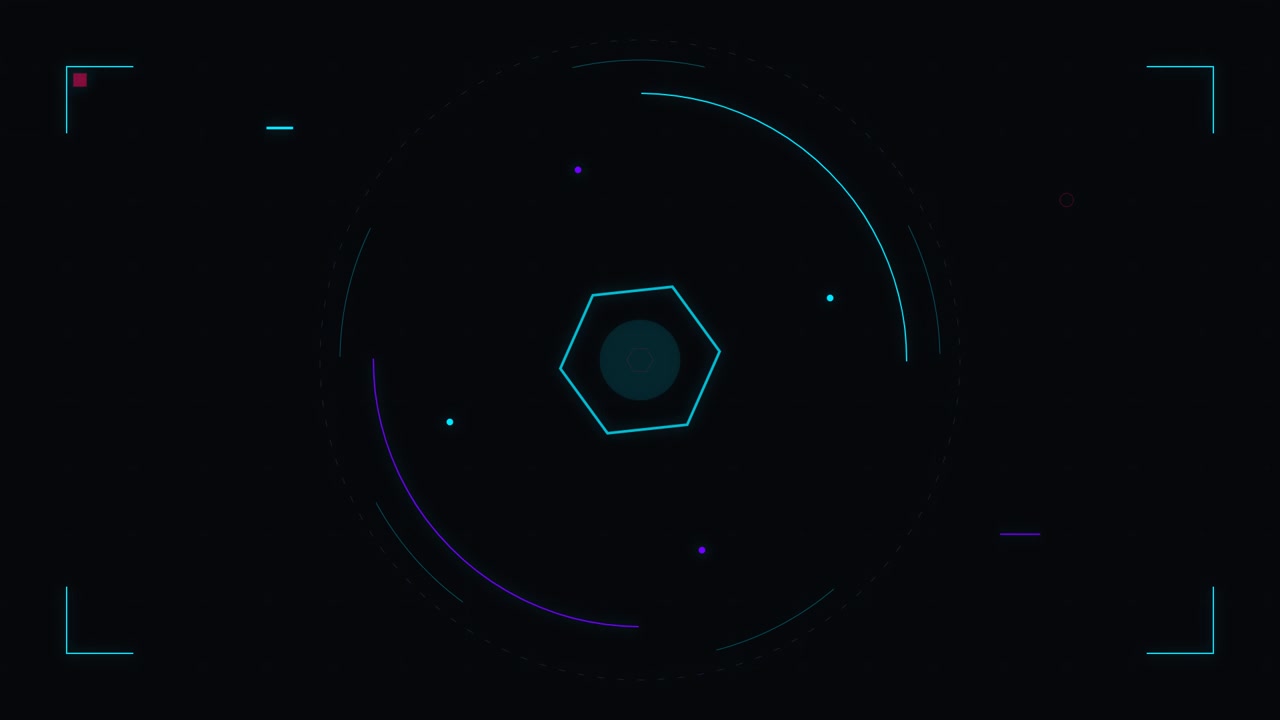 Abstract Digital HUD Interface with Rotating Hexagon and Circular Elements