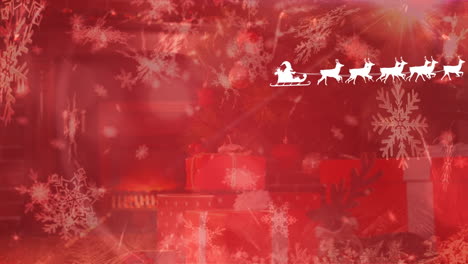 animation of santa claus in sleigh with reindeers over snow falling and christmas presents