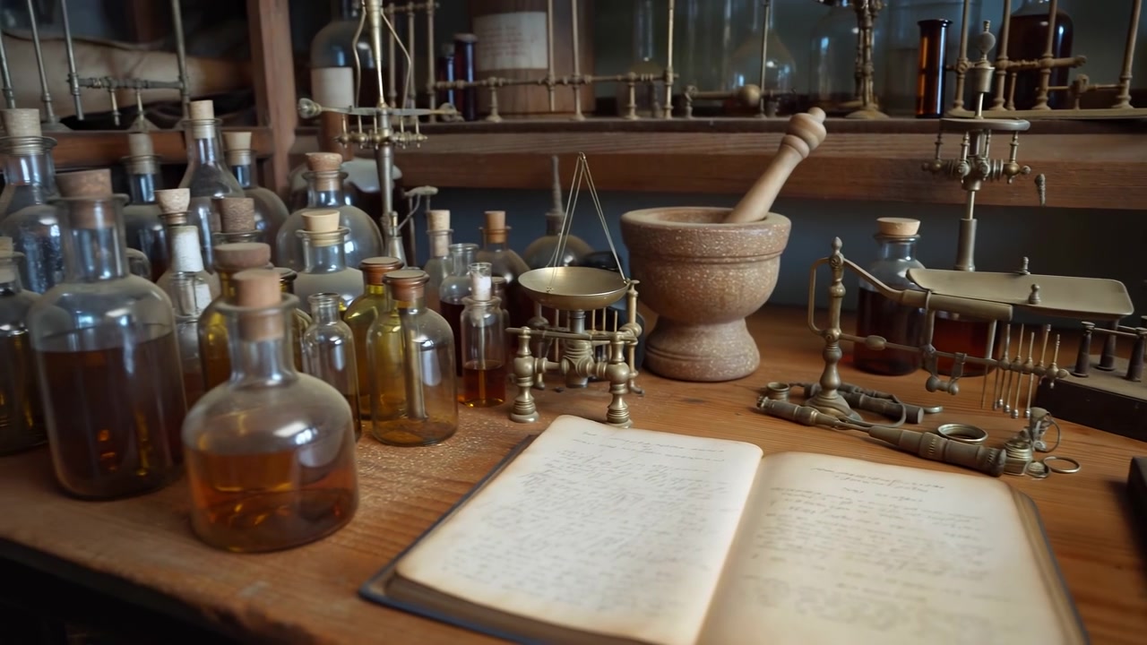 Un vecchio banco da lavoro di ricerca con un mortaio e un pestello, strumenti scientifici in ottone e vetro, bottiglie, bilance e un quaderno manoscritto aperto, il tutto in una calda luce interna.