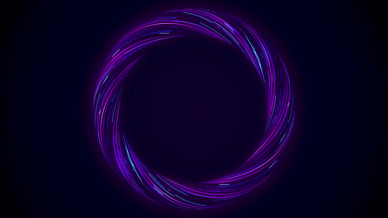 anillo brillante abstracto de fibra torcida con colores parpadeantes aislados en fondo negro. animación. círculo de color púrpura y azul brillante, bucle sin costuras