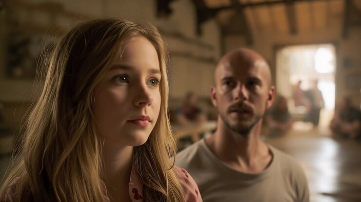 Teen girl shifting gaze toward bright doorway as people arrive, adult male following in documentary